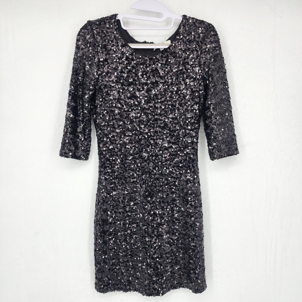 BB Dakota Black Sequin Mini Dress Size XS 3/4 Sleeve Bodycon Cocktail Party